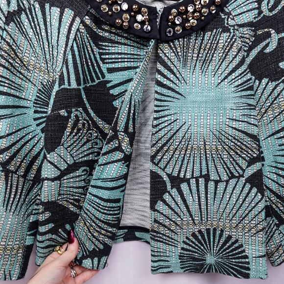 PINKO Rhinestone Collar Cropped Jacket Sz 8 Aqua Blue Black Linen Blend Evening - Picture 13 of 13